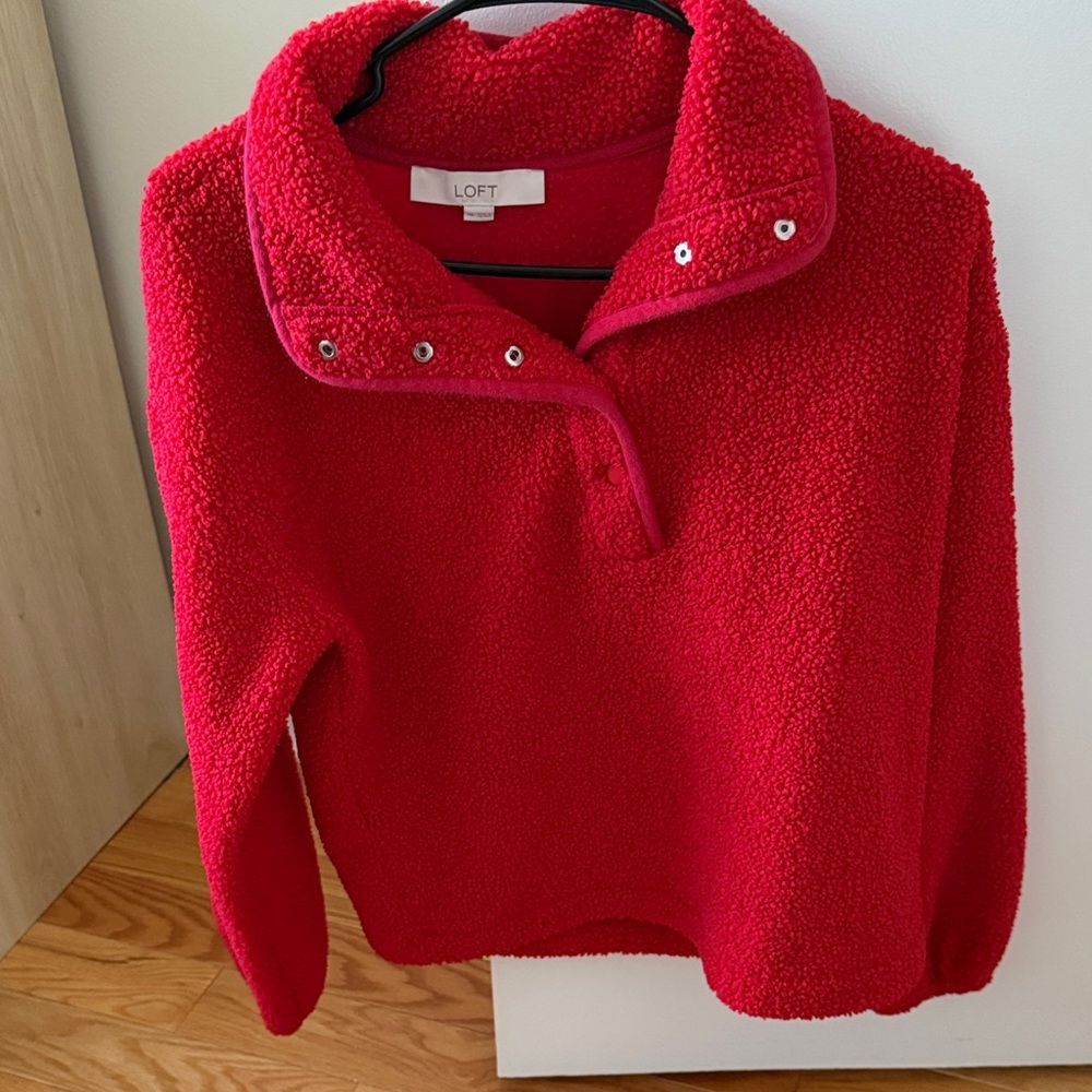 LOFT Bright Red Sherpa Snap-Neck Pullover